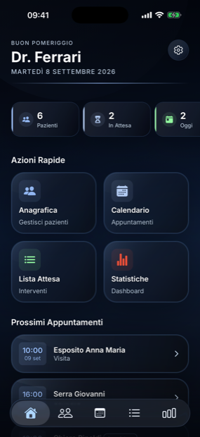 Schermata iniziale con contatori, azioni rapide e prossimi appuntamenti