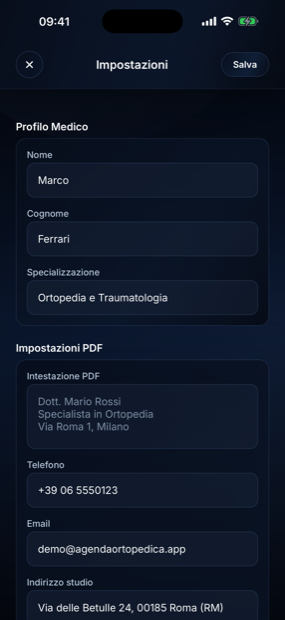 Schermata Impostazioni con profilo medico e dati per l'intestazione dei PDF