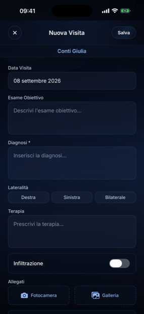 Modulo di una nuova visita con diagnosi, lateralità, terapia e infiltrazione