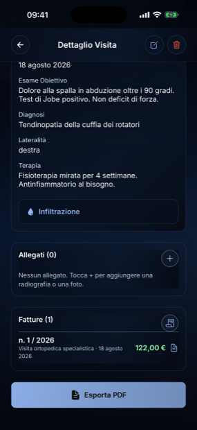 Dettaglio visita con la sezione fatture e l'esportazione in PDF